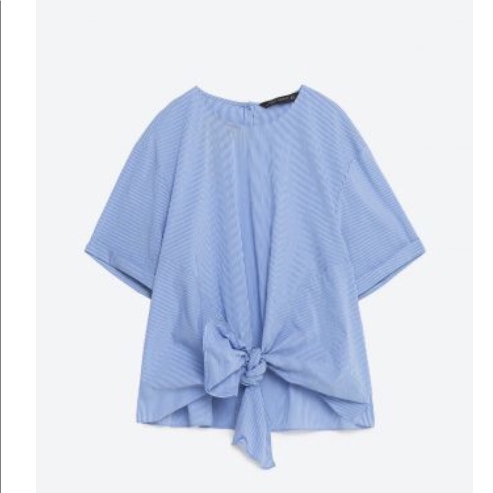 ZARA Pinstripe Blue White Tie Bow Blouse Top Sz XS